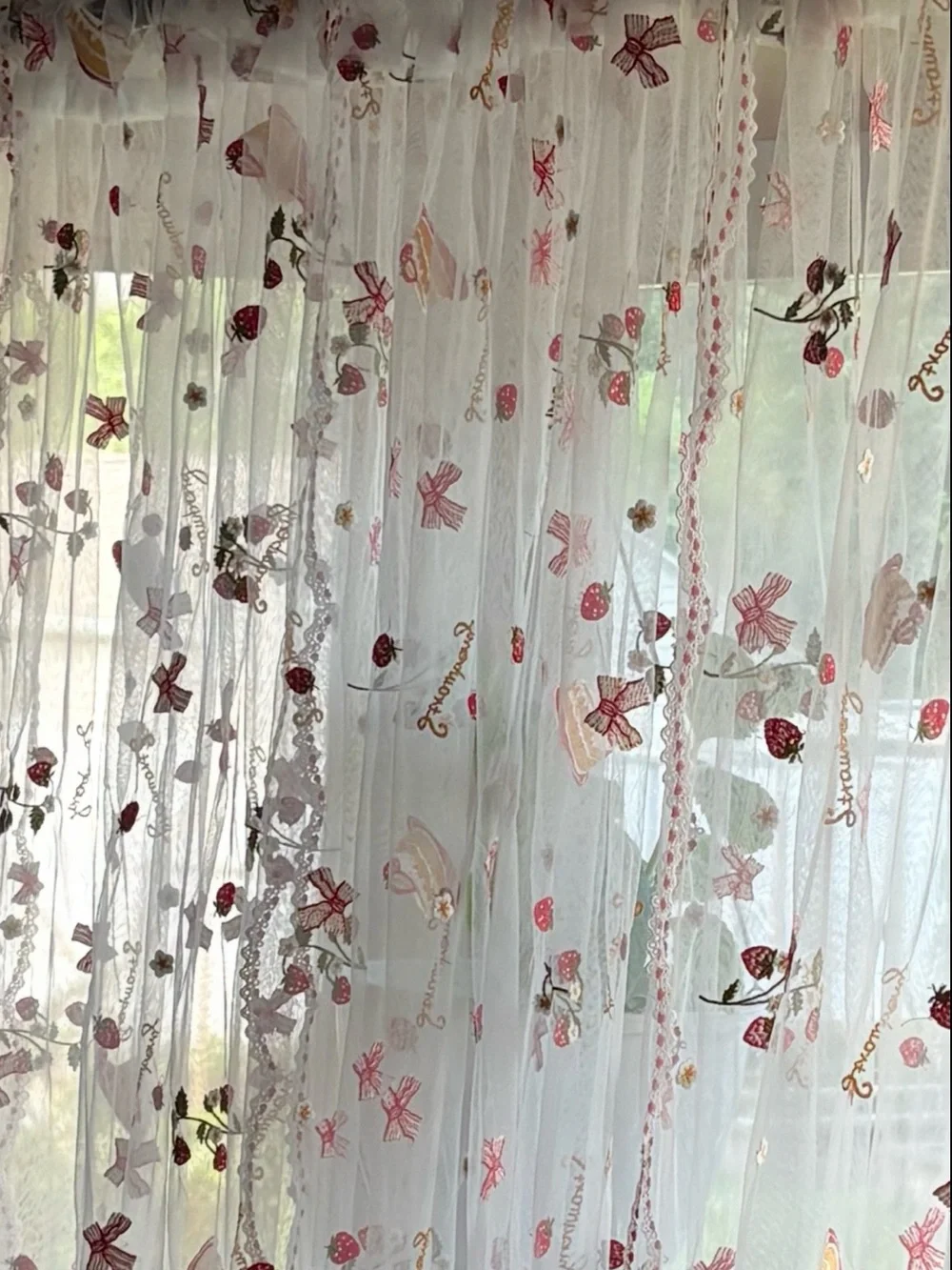 Sheer White Curtains with Embroidered Red Strawberries & Bows